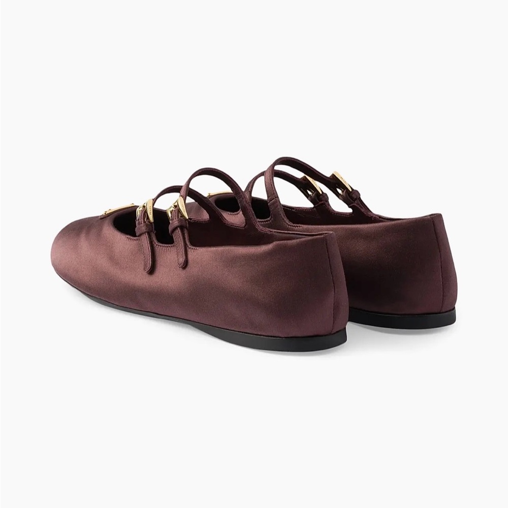 Prada Burgundy Satin Double-Strap Mary Jane Flats Gold Logo 36.5 authentic nib - Picture 3 of 11